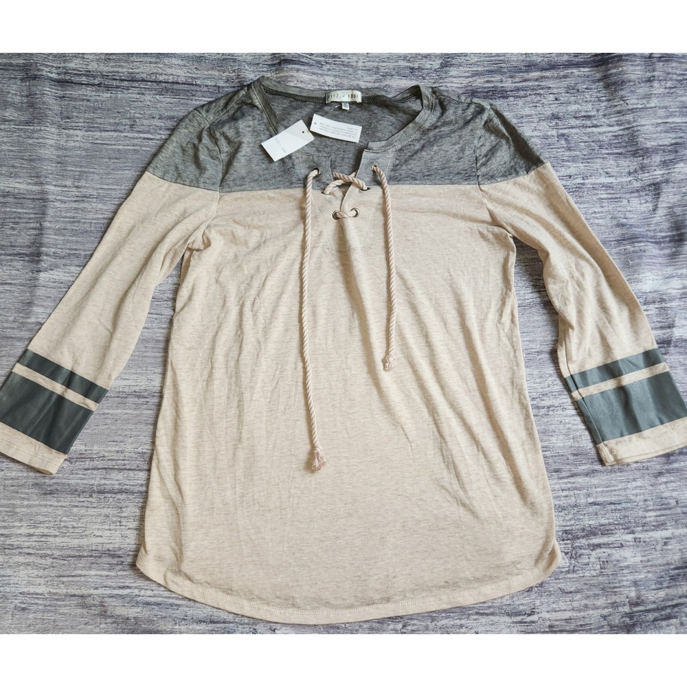 Fitz +‎ Eddi Women's Colorblock Lace-Up Long Sleeve Top - Size M - Gray, Beige